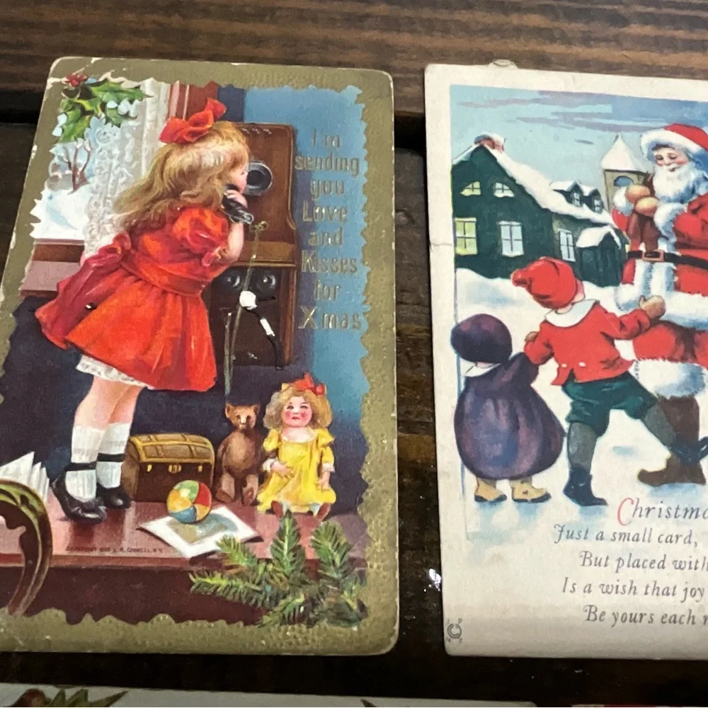 Antique Lot of 8 Christmas Holiday Postcards Santa Flowers Scrapbooking